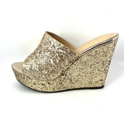 Dressy High Wedge Gold Shoes new In Box Sizes 8-9   One Size Run Small