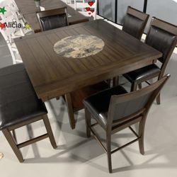 AP-Espresso Counter Height Dining Set- Lazy Susan Table & 4 Counter Chairs & Bench