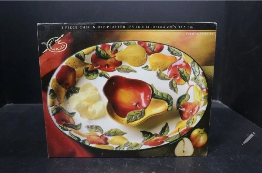 Beautiful hand-painted Clay Art Apples & Pears 2-Piece Chip & Dip Set Platter.