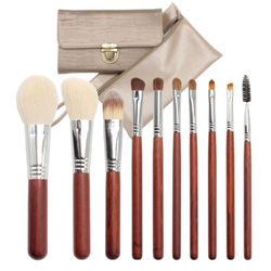 NEW Professional Makeup Brush Set 10 Pieces Natural Hair Soft Beauty + Cosmetic Bag