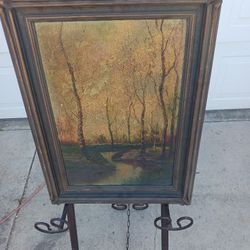 Small Vintage Framed Unsigned Forest Stream Landscape Oil On Canvas Painting