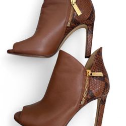 Michael Kors brown leather peep-toe ankle boots with snakeskin print detail  Size 6.5 Women