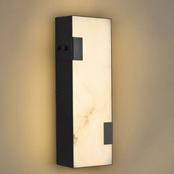 Modern Alabaster Wall Sconce 14.17” Black Frame with Natural Marble Shade Dimmable 3000K Warm Glow Light for Bedroom Hallway Bathroom Fireplace Stairc