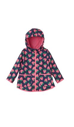 Girls Navy Hooded Raincoat with Pink Strawberry Print