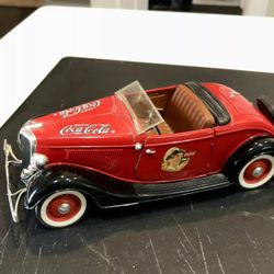 Vintage Coca Cola 1936 & 1937 Die Cast Ford Roadster Model Automobile & Green Pickup Truck Both With Stands Located In Palm Springs Ca 