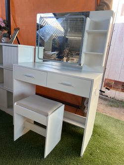 White Vanity Desk with Mirror and Stool