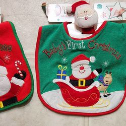 Lot Of 5 Baby Bibs Baby's First Christmas And Plush Wrist Rattle NEW! 