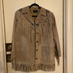 NOS Via Accenti Leather Fringed Jacket Southwestern Embroidered Jacket Size BO