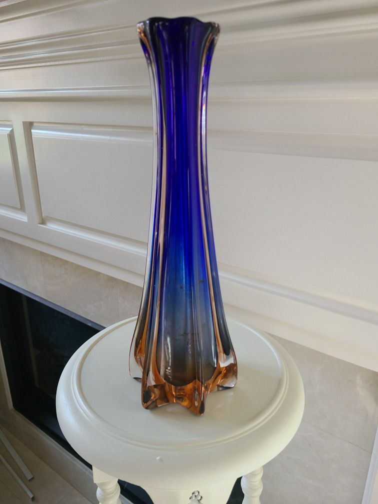 Vintage MCM Early Murano Vase Blue To Amber Swag Arte Murano Art Glass 