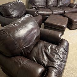 Leather Couch & Chair with Ottoman, 5-Piece Living Room Set | Deep Seats, Oversized