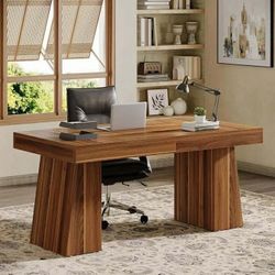 Wooden Executive Desk, 55-Inch Computer Writing Table with Double Pedestal, Rustic Brown
