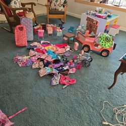 AMERICAN GIRL & OUR GENERATIONS CLOTHES & DOLL CASES, SCHOOL, JEEP, COFFEE SHOP SEE DESCRIPTION 