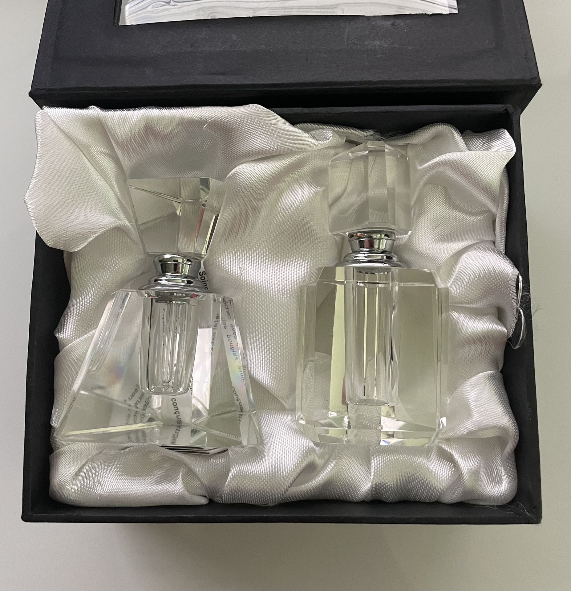 Oleg Cassini 2 Crystal Perfume Bottles w/Glass Daubers Both Signed on Bottom