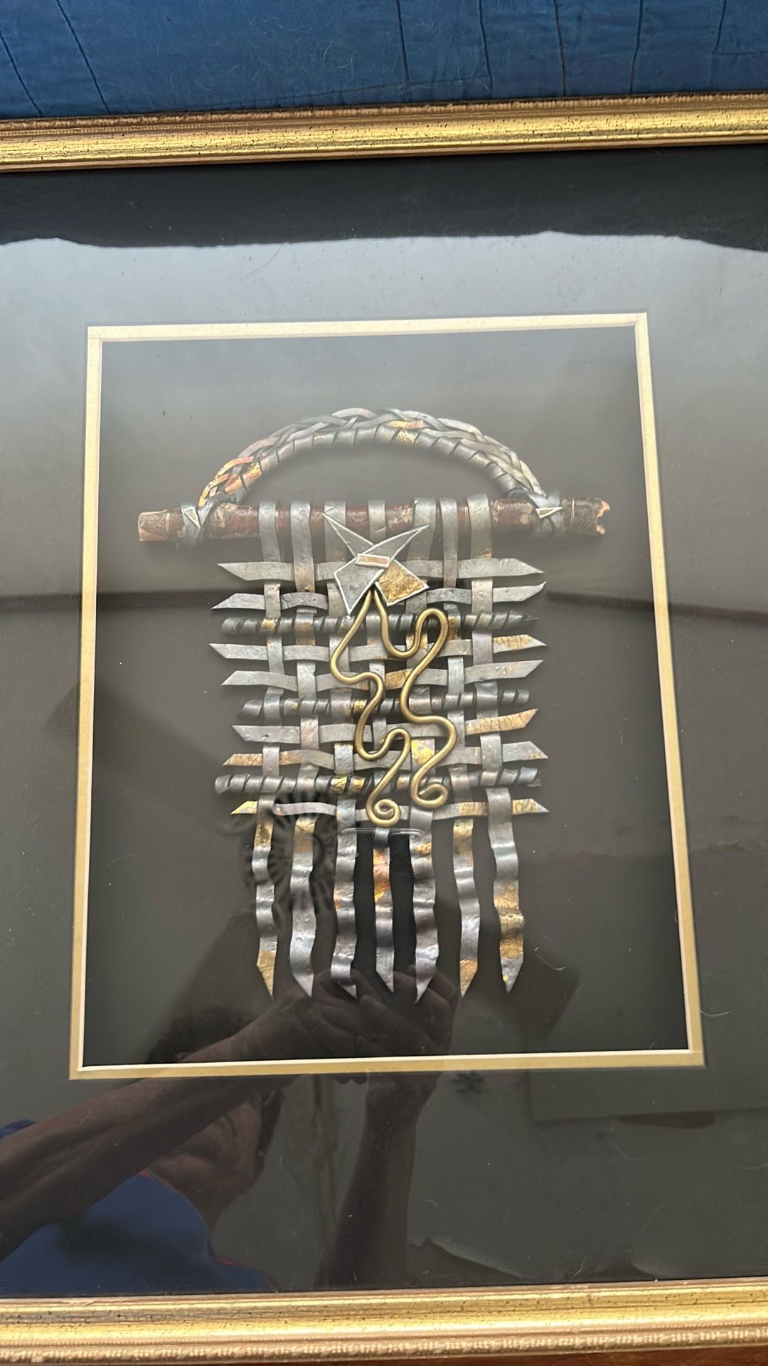 Framed modern art shadow box. woven colorful metal