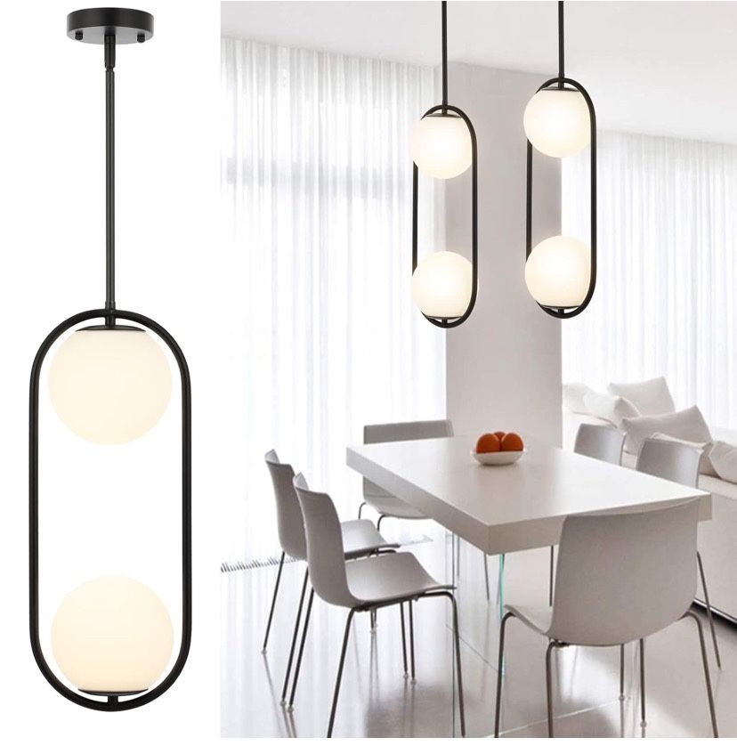 2-Lights Modern Globe Chandelier Mid Century Pendant Light Matte Black Ceiling Hanging Lighting Fixture with White Globe Glass Lampshade for Kitchen I