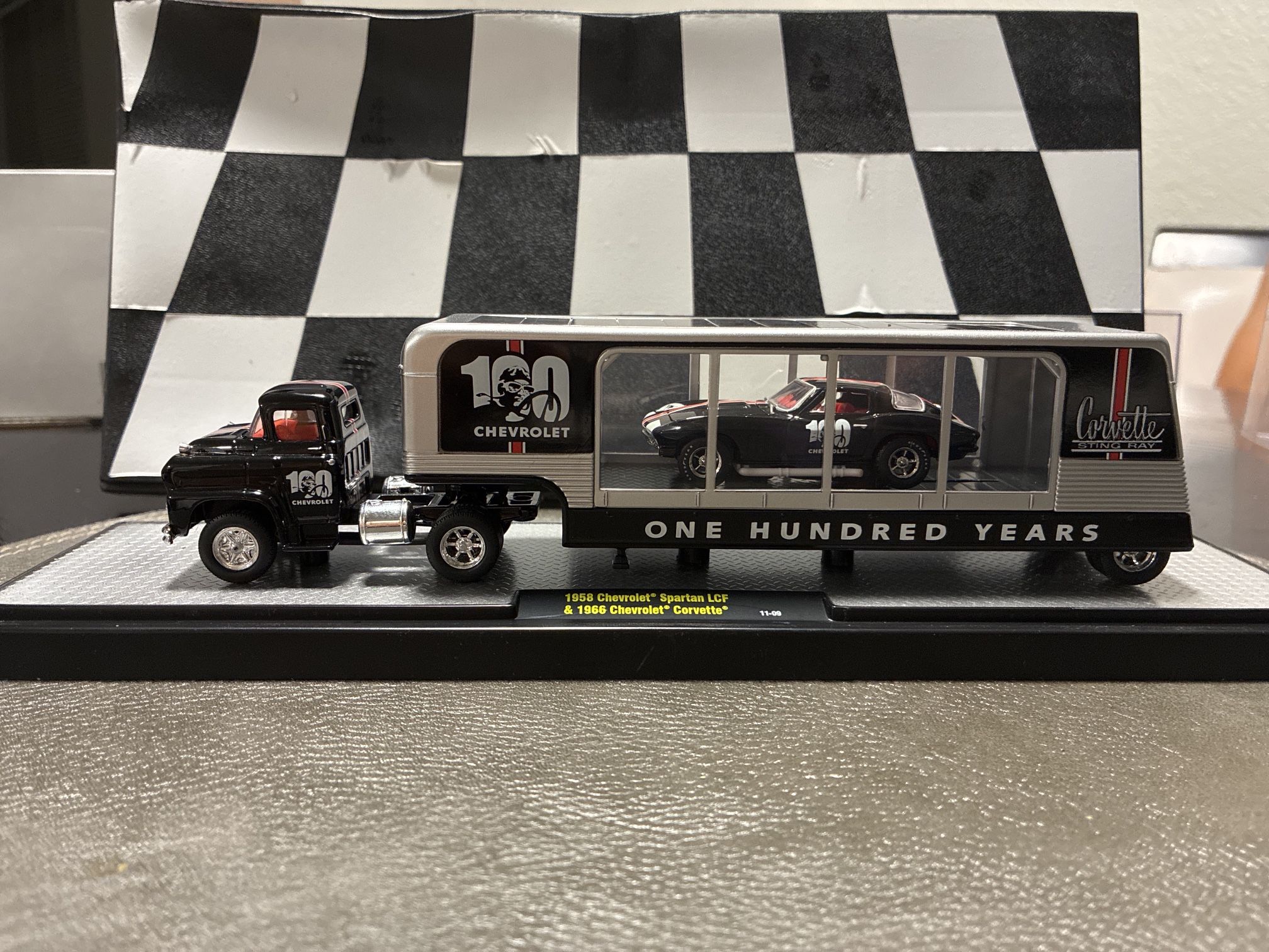1958 Chevrolet Spartan LCF with 1966 Corvette – 100 Years of Chevrolet Die-Cast Set (with Display Case)