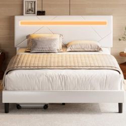  LED Upholstered Platform Bed With Headboard, White