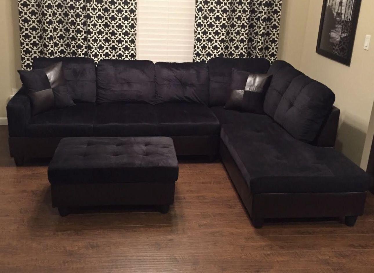 Soft Black Microfiber Sectional Couch And Ottoman