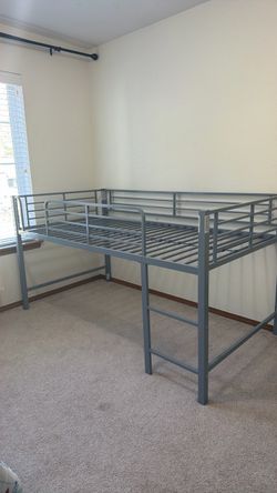 Gray Metal Loft Bed Frame with Ladder with blue slide