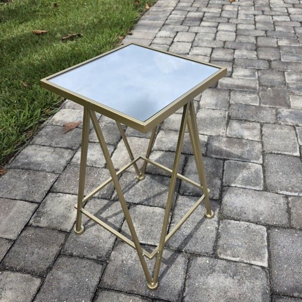 Metal Geometric Square Accent Table with Mirrored Glass Top