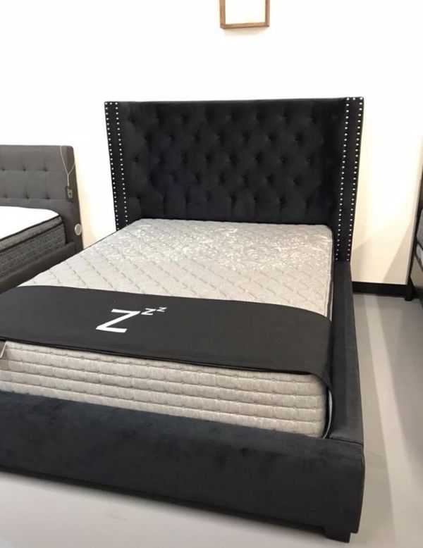 New Black Velvet Bed Frame Queen King Cal Mattress Set Sold New Black Velvet Bed Frame Queen King Cal Mattress Set Sold Separately Box Spring Required
