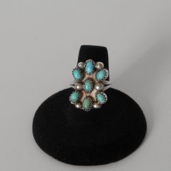 Old Pawn Zuni Petite Point Turquoise Cluster Sterling Silver Ring