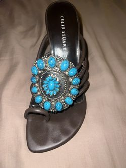 Brown Leather Slip On Heels With Turquoise Stone Detail- Size 6