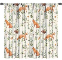 Woodland Animals Blackout Curtains Forest Plants Leaves Mushroom Hedgehog Fox Watercolor Art Print for Kids Girls Boys Bedroom Living Room Rod Pocket 