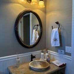 Vanity, Toilet, Mirror, Vanity Light, Towel And Toilet Paper Holder 