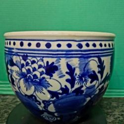 Vintage Dutch Delft Handpainted Blue White Porcelain Flowers Bowl Pot 8"×10"