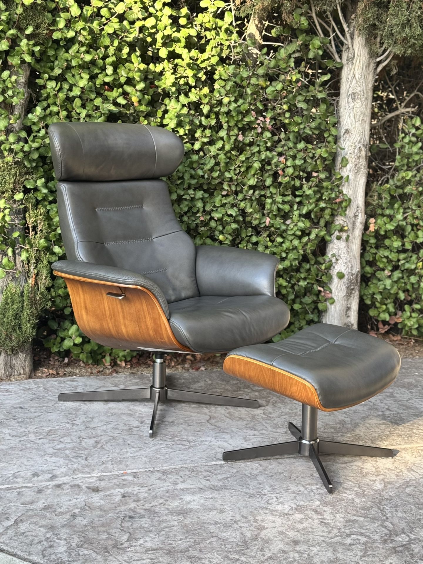 Mid Century Modern Leather Recliner Reclining Lounge Chair & Ottoman