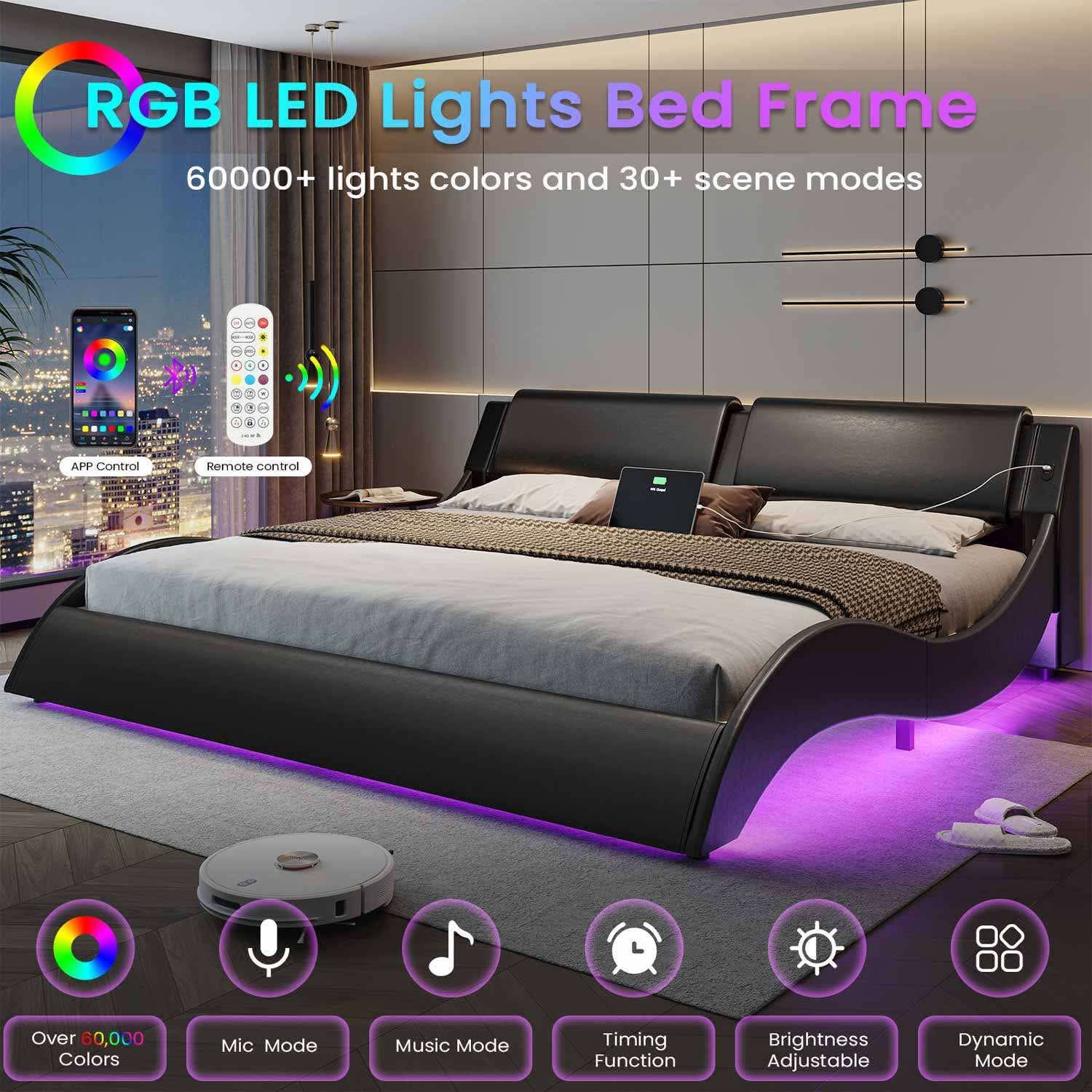 Wave Like Curve LED Bed Frame With Charging Station Black(535-3)
