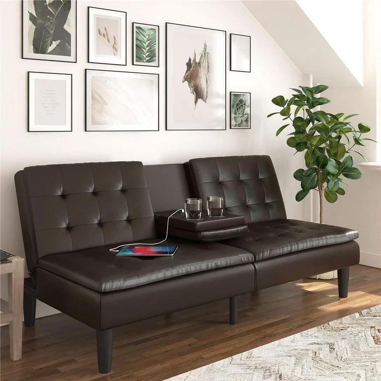 Mainstays Memory Foam Futon with Cupholder and USB, Dark Brown Faux Leather, New In Box