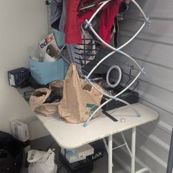 Desk Table Rack and Metal Storage Shelves w 4 Blue Boxes