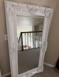 Large Ornate White Floor Mirror – Designer Carved Frame