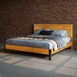 Trapeze King Size Bed Frame – Rubberwood Platform with Slatted Headboard, Sturdy Iron Legs, No Box Spring Needed, Supports up to 800 lbs