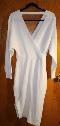 White Ribbed Knit Wrap Midi Dress