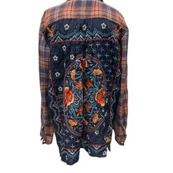 Johnny Was 3J Workshop Womens Button Down Plaid Shirt Size L Floral Embroidered
