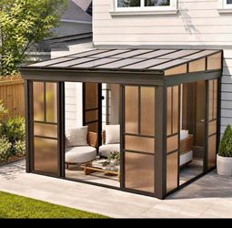 New in Box 8x12 Lean-to Sunroom Gazebo Enclosed Patio Shelter w/ Sliding Doors Polycarbonate Roof