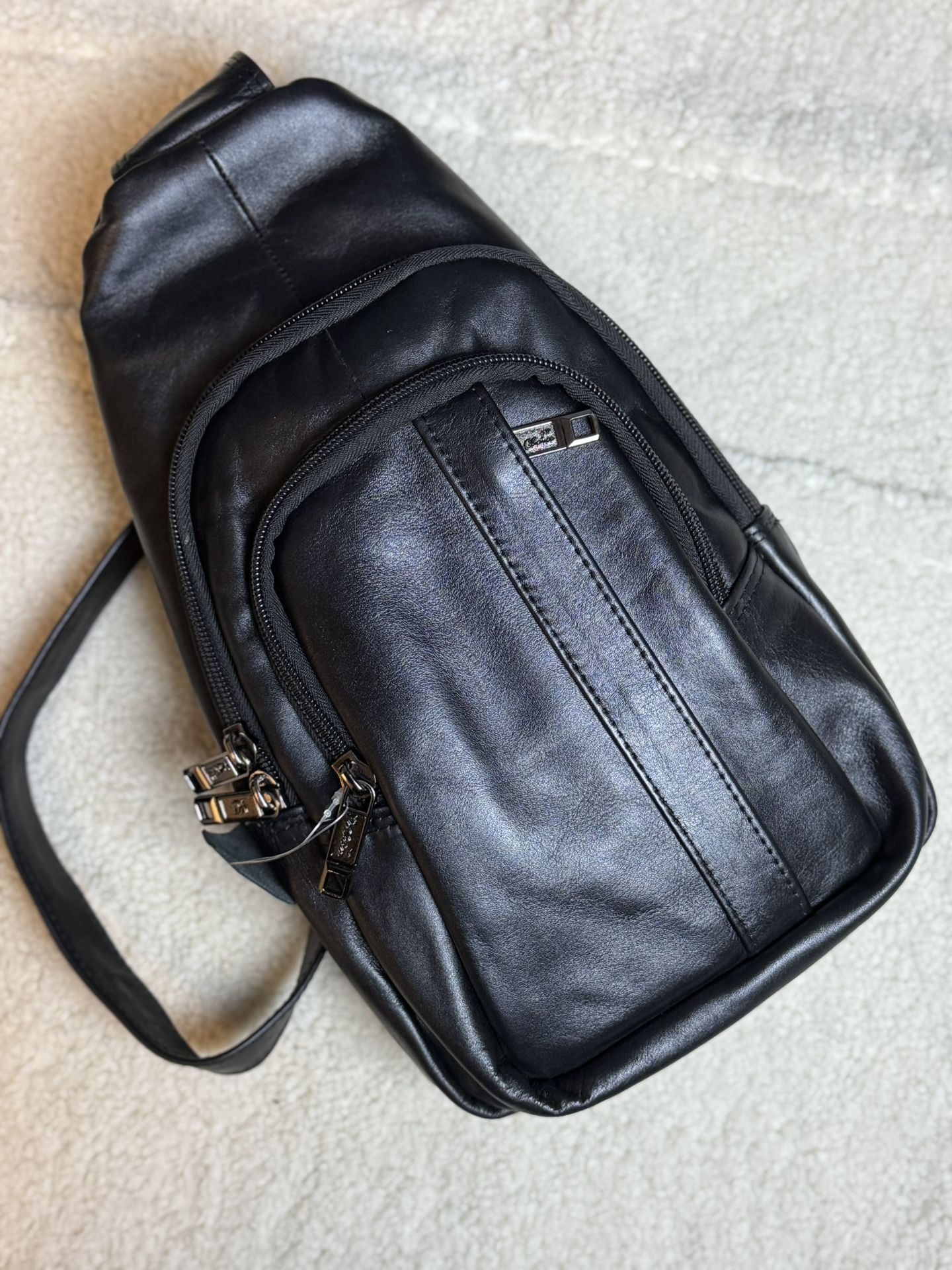 Black Genuine Leather Sling Backpack Crossbody Bag Multiple Zip Pockets Adjustable Strap