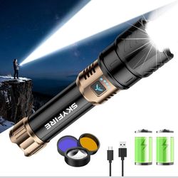 SKYFIRE Rechargeable Flashlights High Lumens with Ignition Lens &3 Colors Light,10000mAh