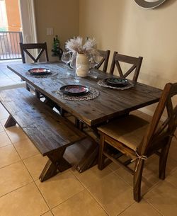 Solid Wood Table With Chairs And Bench Set
