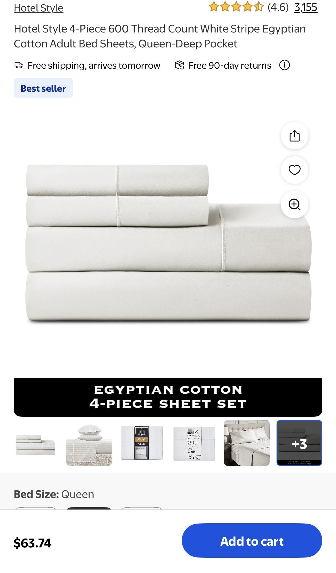 Hotel Style 4-Piece 600 Thread Count White Stripe Egyptian Cotton Adult Bed Sheets, Queen-Deep Pocket