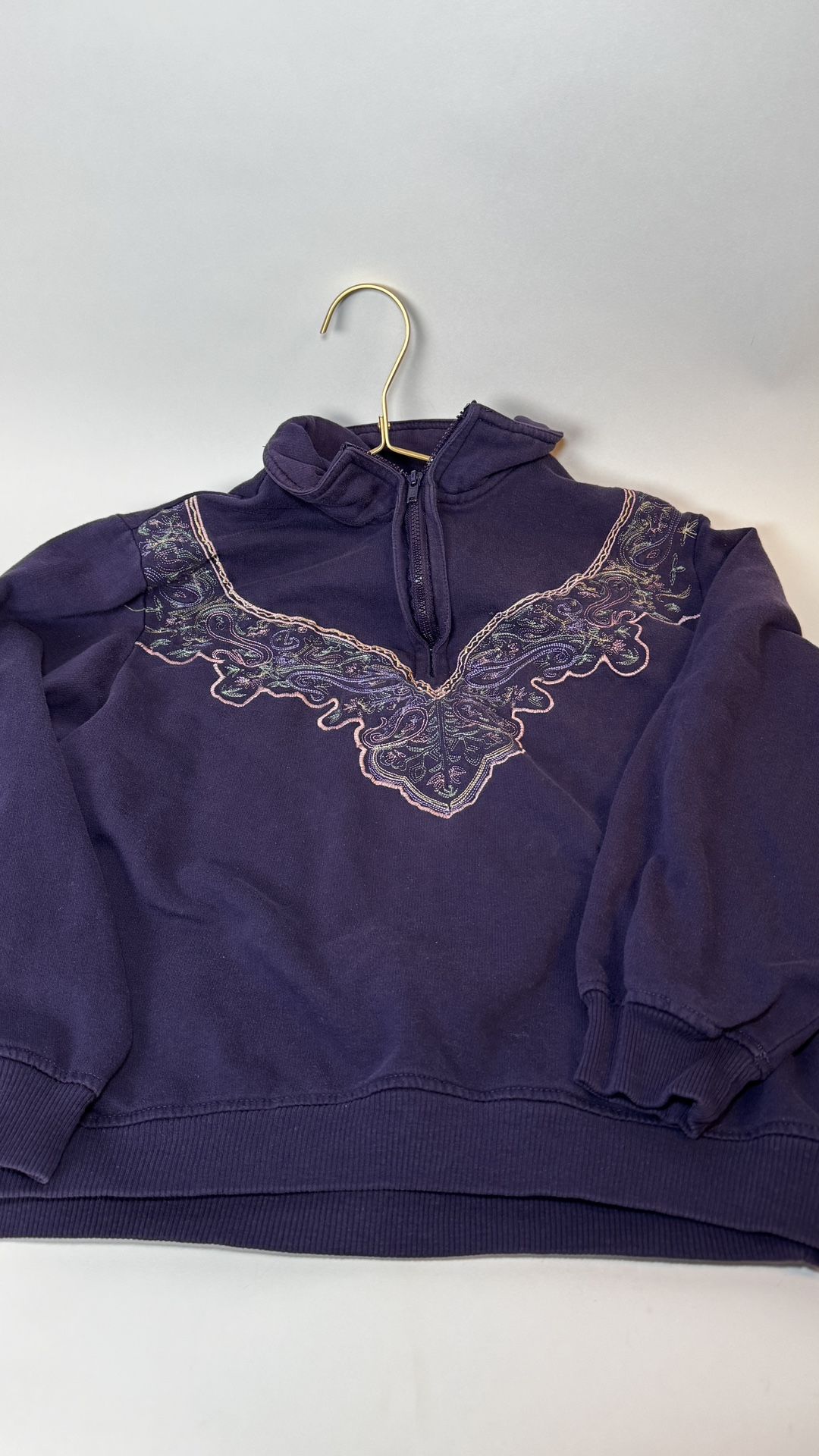 Vintage Cottagecore Purple Embroidered 1980’s Quarter Zip Sweater