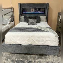 Gray flame box visualizer Queen bed frame