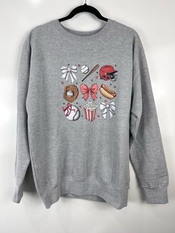 Baseball Graphic Crewneck Sweatshirt Size Medium Grey Pull Over