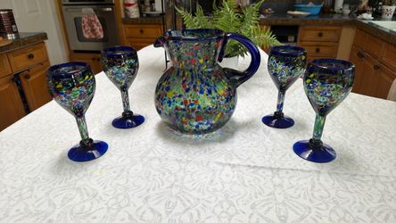 Hand-Blown Glass Pitcher and Wine Glass Set