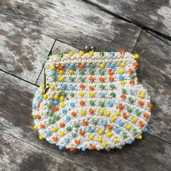 Vintage Coin Purse Crocheted Beaded  By K. Gimbel 60s Kiss Clasp