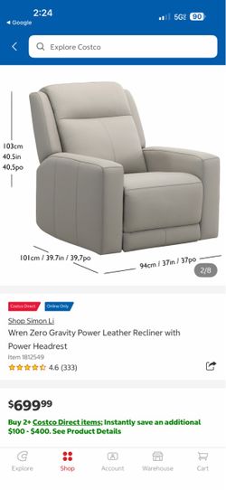 Simon Li Wren Zero Gravity Power Leather Recliner with Power Headrest