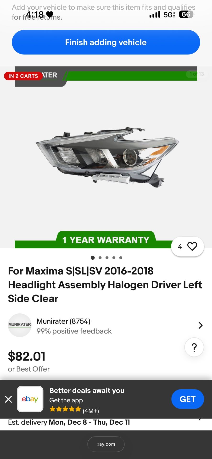 2017 Nissan Maxima Left Side Headlight